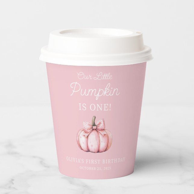 Cute Pink Pumpkin Girl Baby 1st Birthday Paper Cups (Front)