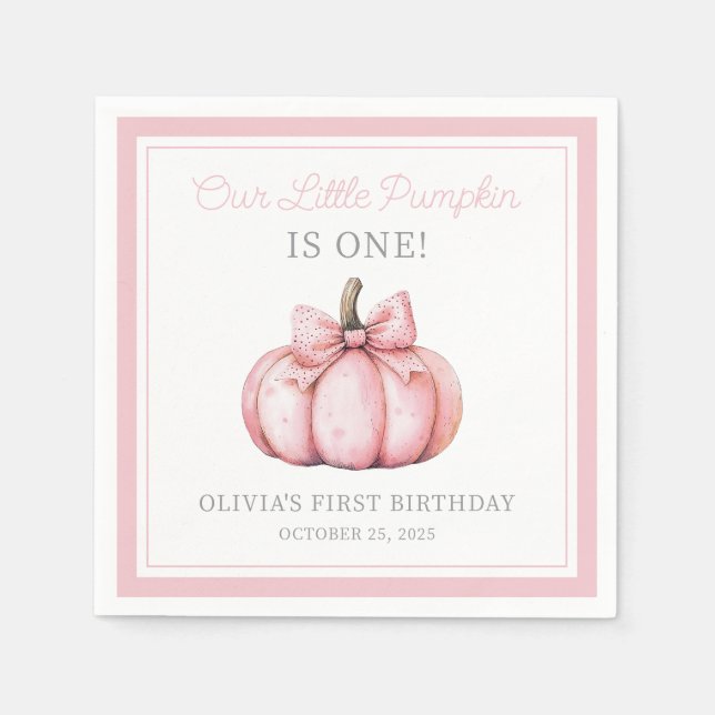 Cute Pink Pumpkin Girl Baby First Birthday Napkin (Front)