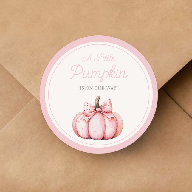 Cute Pink Pumpkin Girl Baby Shower Classic Round Sticker (Cute Pink Pumpkin Girl Baby Shower Classic Round Sticker)