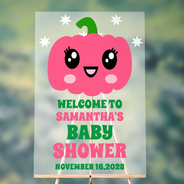 Cute Pink Pumpkin Girl Baby Shower Welcome Frosted Acrylic Sign (Neutral)