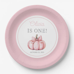 Cute Pink Pumpkin Girl First Birthday Paper Plate