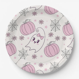 Cute Pink Pumpkin Halloween Pattern Paper Plate