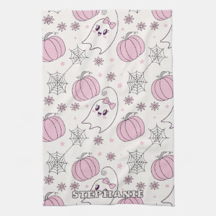 Cute Pink Pumpkin Halloween Pattern Tea Towel