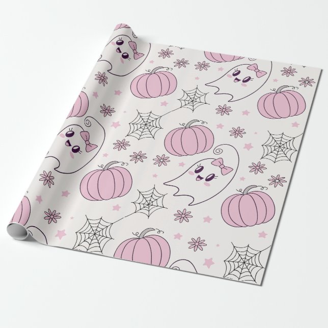 Cute Pink Pumpkin Halloween Pattern Wrapping Paper (Unrolled)