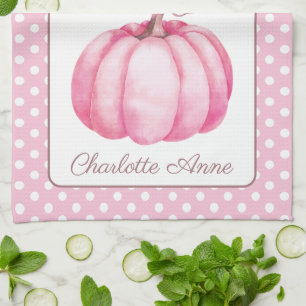 Cute Pink Pumpkin on Polka Dots Personalised Tea Towel