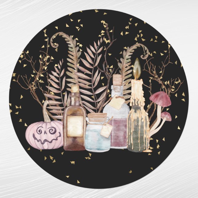 Cute Pink Pumpkin Potions Foliage Halloween Classic Round Sticker (Creator Uploaded)