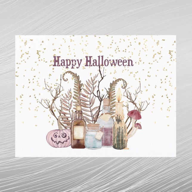 Cute Pink Pumpkin Potions Foliage Halloween Holiday Postcard (Creator Uploaded)