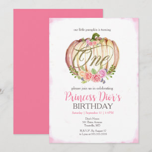 Cute Pink Pumpkin Watercolor First Birthday Invita Invitation