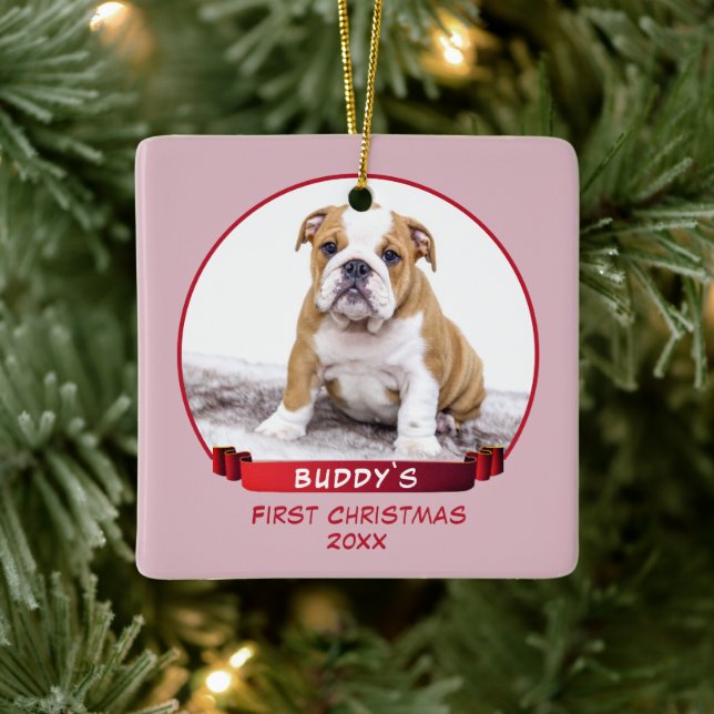 Cute Pink Puppy 1st Christmas Dog Photo Ceramic Ornament (Tree)