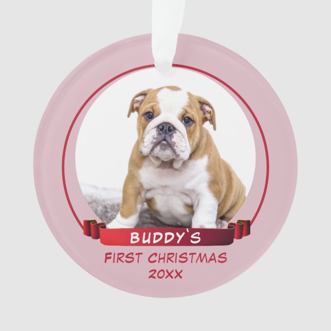 Cute Pink Puppy 1st Christmas Dog Photo Ornament (Front)