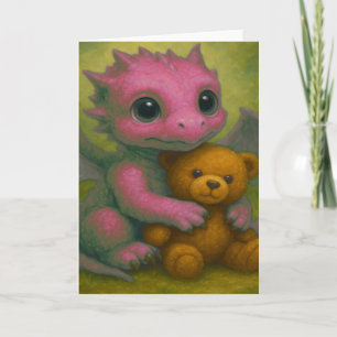 Cute Pink Puppy Eyed Baby Dragon with Teddy Bear Card