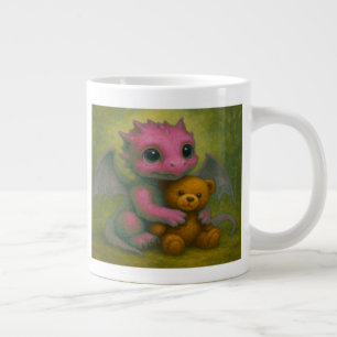 Cute Pink Puppy Eyed Baby Dragon with Teddy Bear Large Coffee Mug