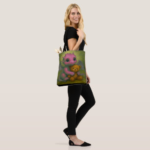 Cute Pink Puppy Eyed Baby Dragon with Teddy Bear Tote Bag