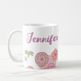 Cute Pink Purple Bloom Flowers With Script Name Coffee Mug