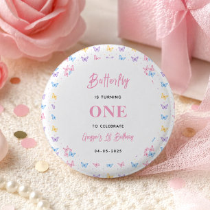 Cute Pink Purple Butterfly 1st Birthday for Girls 3 Cm Round Badge