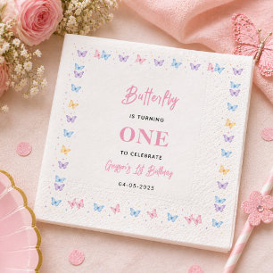 Cute Pink Purple Butterfly 1st Birthday for Girls Napkin