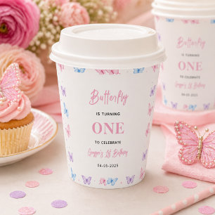 Cute Pink Purple Butterfly 1st Birthday for Girls Paper Cups