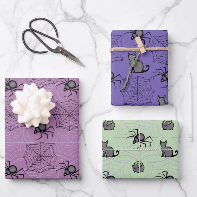 Cute PInk Purple Cat Spider Wrapping Paper Set- 3 (Front)