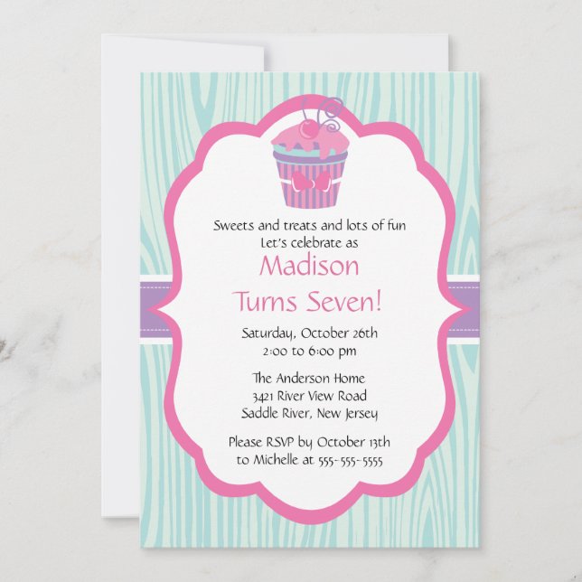Cute Pink & Purple Cupcake Girl Birthday Party Invitation (Front)