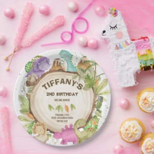 Cute Pink Purple Dinosaurs Jurrasic Girl Birthday  Paper Plate