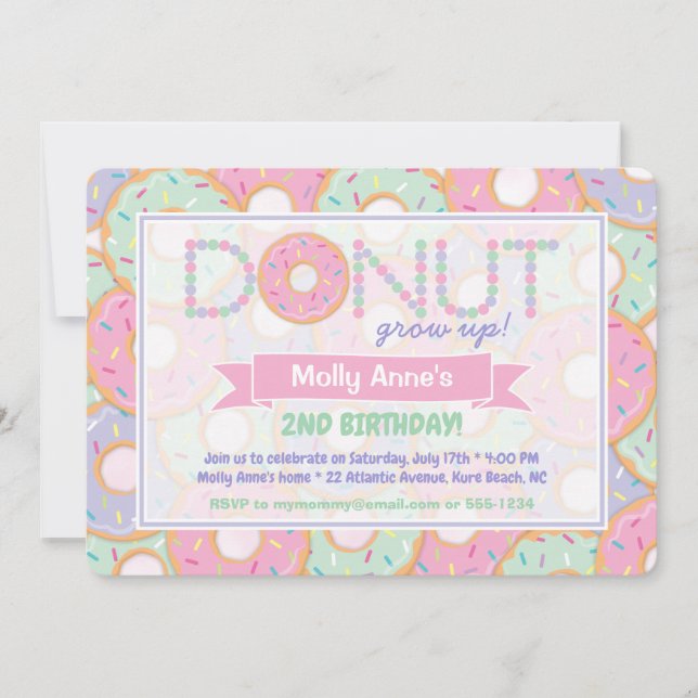 Cute Pink & Purple Doughnut Grow Up Birthday Invitation (Front)
