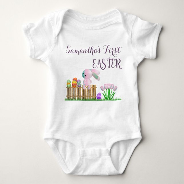 Cute Pink Purple Easter Bunny Baby First Easter Baby Bodysuit (Front)