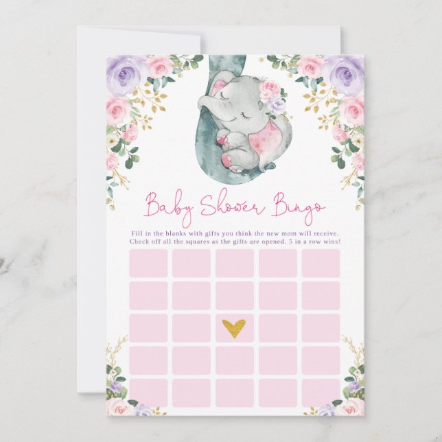 Cute Pink Purple Elephant Bingo Baby Shower Game Invitation (Front)