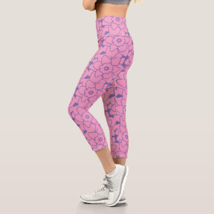 Cute Pink Purple Floral Pattern Trendy Fitness Capri Leggings