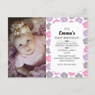 Cute Pink Purple Flowers Little Girl 1st Birthday Postcard
