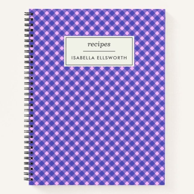 Cute Pink Purple Gingham Plaid Personalised Recipe Notebook (Front)
