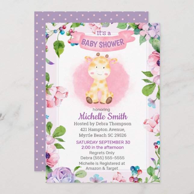 Cute Pink Purple Giraffe Floral Baby Shower    Invitation (Front/Back)