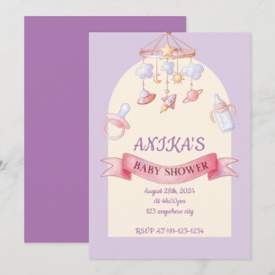 Cute pink purple girl baby shower invitation