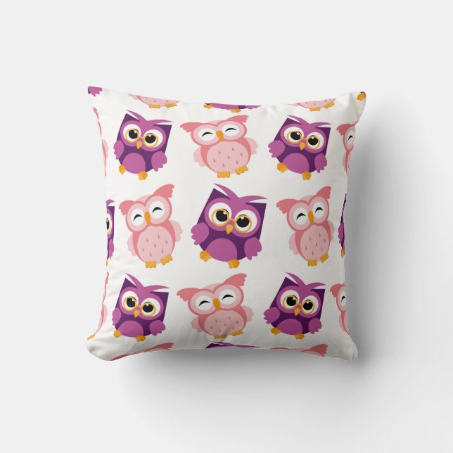 Cute Pink Purple Girly Owl Pattern Cushion (Front)
