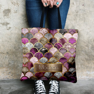 Cute pink purple gold mermaid scales tote bag