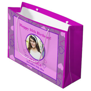 Cute Pink Purple Hearts 16th Birthday Custom Photo Large Gift Bag