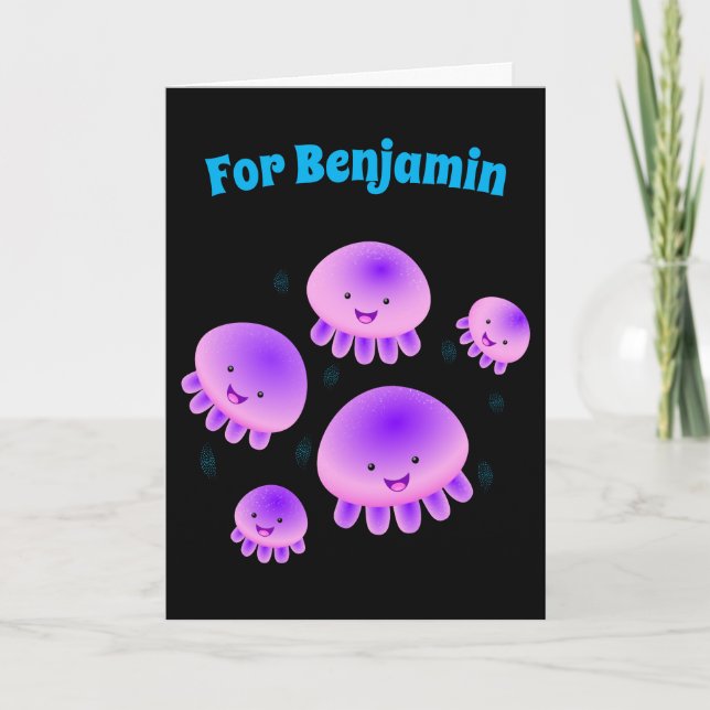 Cute pink purple jellyfish kawaii cartoon card (Front)