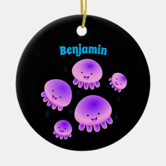 Cute pink purple jellyfish kawaii cartoon ceramic ornament (Front)
