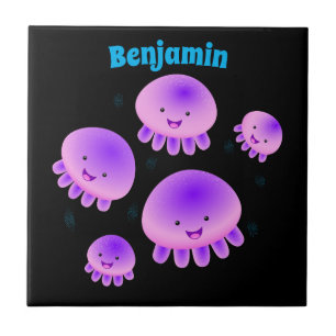 Cute pink purple jellyfish kawaii cartoon ceramic tile