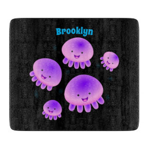 Cute pink purple jellyfish kawaii cartoon cutting board
