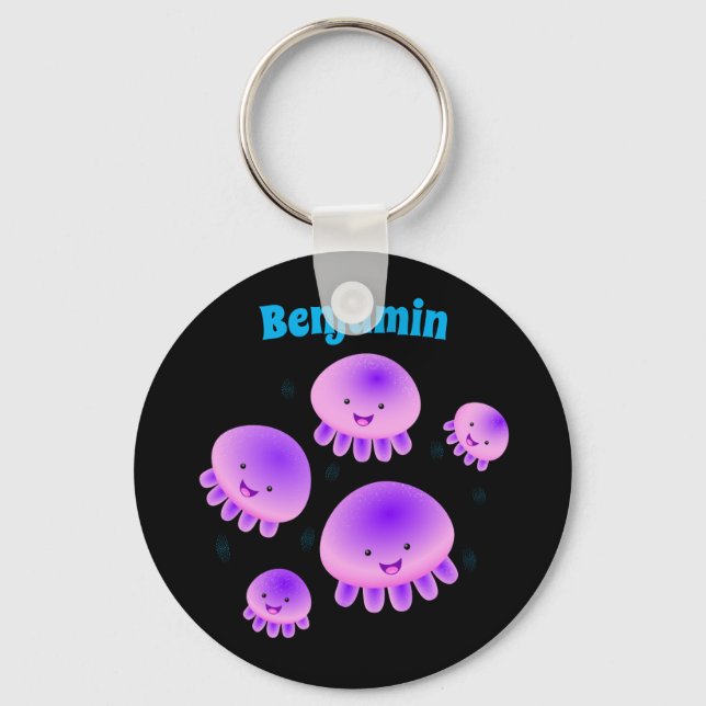 Cute pink purple jellyfish kawaii cartoon key ring (Front)