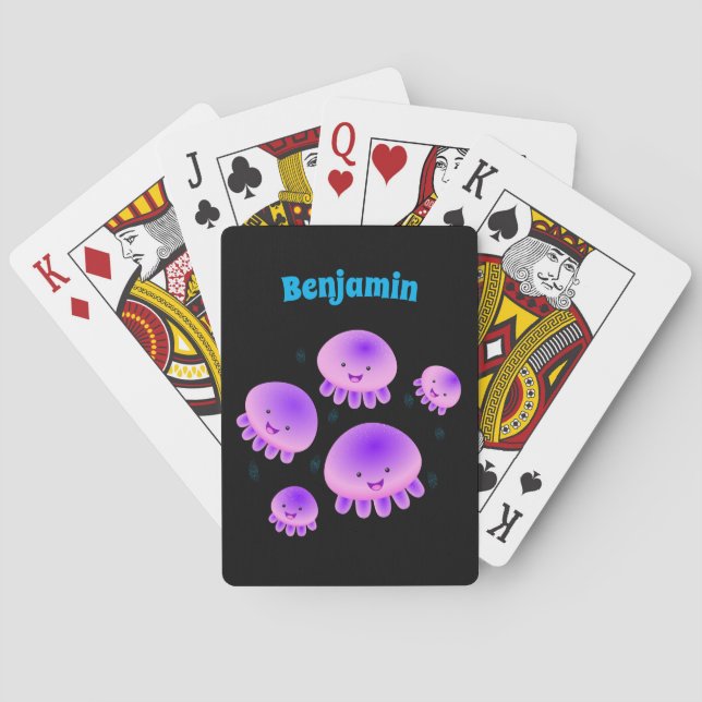 Cute pink purple jellyfish kawaii cartoon playing cards (Back)