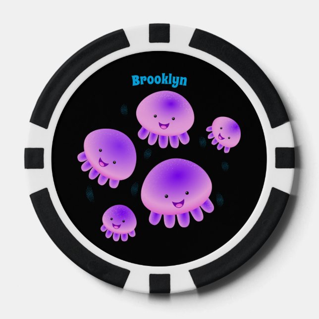 Cute pink purple jellyfish kawaii cartoon poker chips (Front)