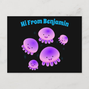 Cute pink purple jellyfish kawaii cartoon postcard