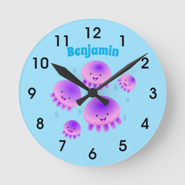Cute pink purple jellyfish kawaii cartoon round clock (Front)