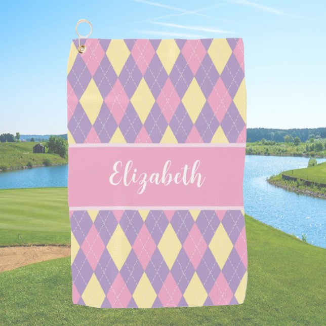 Cute pink purple preppy argyle custom name ladies golf towel (Creator Uploaded)