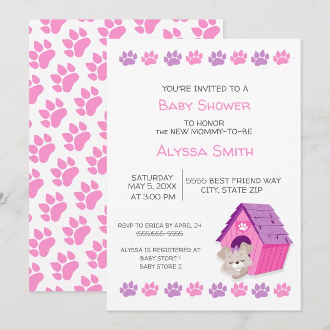 Cute Pink Purple Puppy Dog Baby Shower Invite (Front/Back)