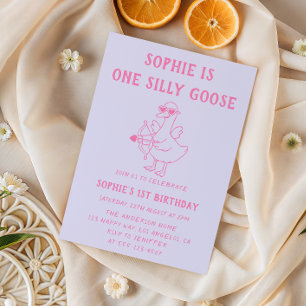 Cute Pink & Purple Silly Goose 1st Birthday Invitation