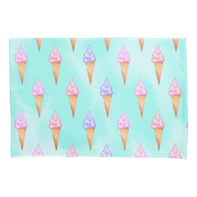 Cute Pink Purple Summer Ice Cream Cones Watercolor Pillowcase (Front)