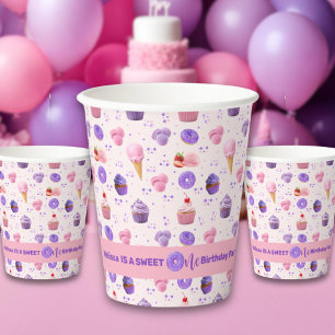 Cute Pink Purple Sweet One Girl's Birthday Paper Cups