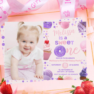 Cute Pink Purple Sweet One Girl's Birthday Photo Invitation